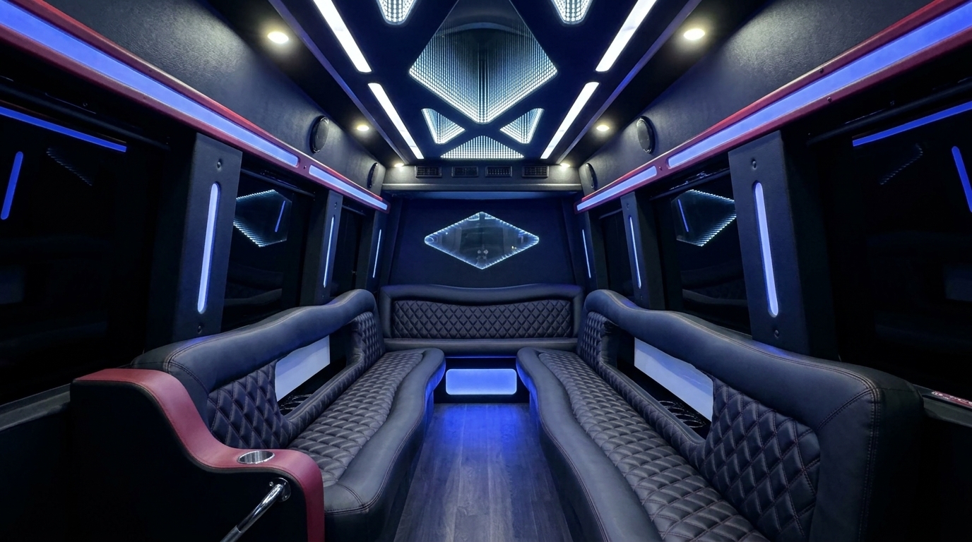 The Classic party bus interior with blue LED lighting and luxury seating